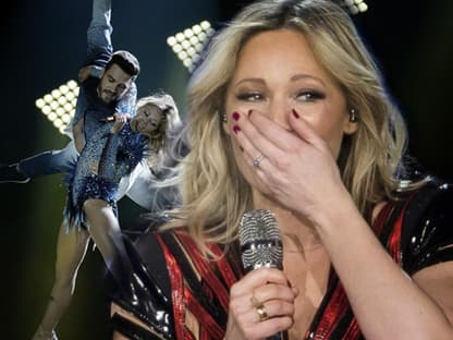 Helene Fischer hält sich die Nase, im Hintergrund Foto von ihrer Akrobatiknummer