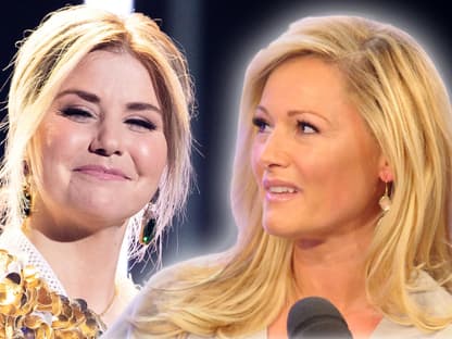 Collage Helene Fischer guckt bedrückt, Beatrice Egli lächelt