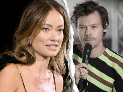 Olivia Wilde sieht angestrengt aus, Harry Styles kneift die Lippen zusammen, in der Mitte ist ein Riss