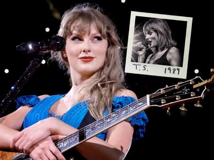 Taylor Swift hält lächelnd Gitarre in der Hand, neben ihr ein Polaroid aus "1989"-Zeiten