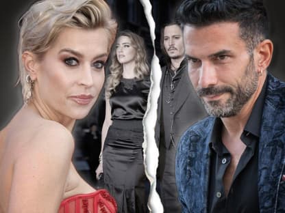 Verena Kerth und Marc Terenzi sehen ernst aus, im Hintergrund ein zerrissenes Bild von Johnny Depp und Amber Heard