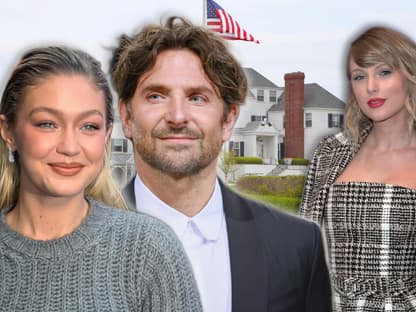 Gigi Hadid und Bradley Cooper lächeln, im Hintergrund steht Taylor Swift lächelnd und ein Bild von ihrem Haus in Rhode Island