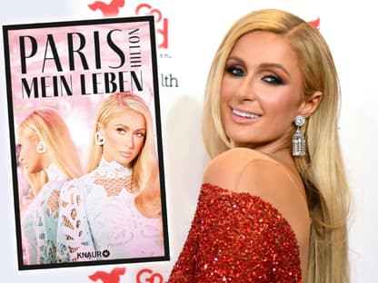 Fotomontage: Paris Hilton lacht mit Buchcover Mein Leben