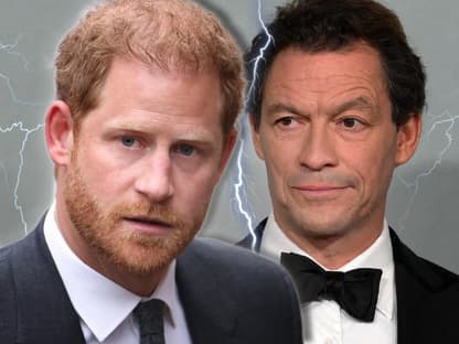 Prinz Harry sieht empört aus, Dominic West hebt skeptisch die Augenbraue