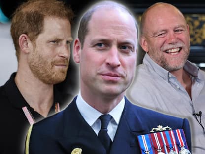 Prinz William schmunzelt, Prinz Harry sieht irritiert aus, Mike Tindall lacht