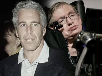 Jeffrey Epstein sieht schockiert aus, im Hintergrund ein Bild von Stephen Hawking