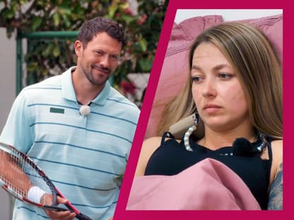 "Die Bachelors" 2024: Sebastian Klaus mit Tennisschläger, Leonie traurig