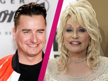 Collage Andreas Gabalier und Dolly Parton mit pinken Strich