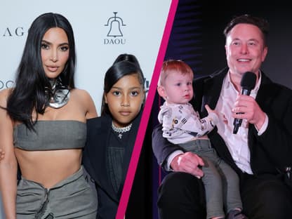 Collage Kim Kardashian mit North West und Elon Musk mit X Æ A-12