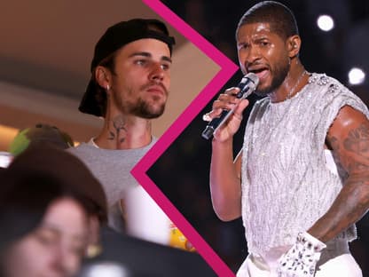 Justin Bieber sieht mürrisch zu, Usher sieht verärgert aus