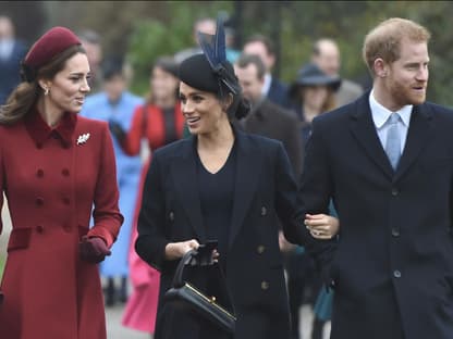 Prinzessin Kate, Herzogin Meghan und Prinz Harry in Sandringham. 