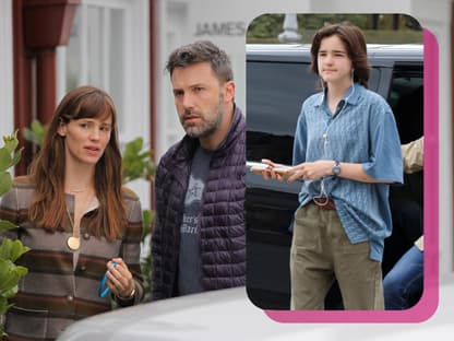 Jennifer Garner mit Ben Affleck, die besorgt aussehen, daneben ein Bild von Fin Affleck