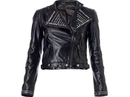 Hardrock: Lederjacke mit Nieten im Bikerstil von Mango, ca. 290 Euro 