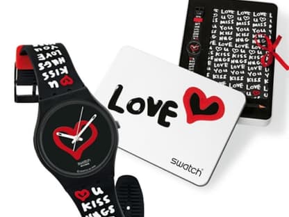 Cool & jung mit Liebesbeweisen im Graffiti-Style. Die Swatch Original Gent "Love Seconds" mit Special Packaging, ca. 48 Euro