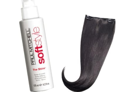 Get the look: Mit Glanzspray 
"The Shine" von Paul Mitchell, 125 ml ca. 20 Euro und dem Set aus drei Exten´­sion-Klips: "Magic Hair" von Schwarzkopf, ca. 30 Euro