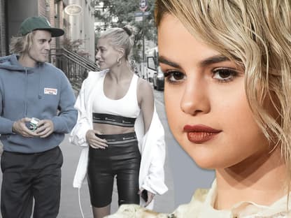 Hailey und Justin Bieber im Hintergrund, Selena Gomez ernst