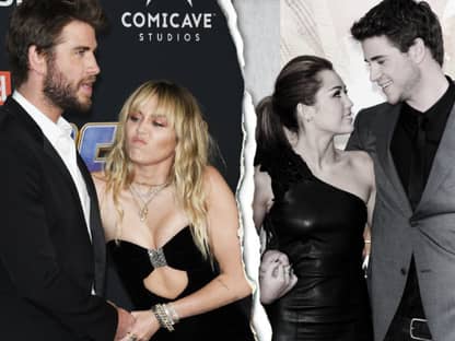 Links Miley und Liam als Paar. Rechts sind sie durch einen Riss getrennt.