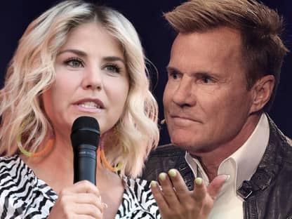 Beatrice Egli guckt mit Mikrofon in der Hand ernst, Dieter Bohlen guckt skeptisch zur Seite