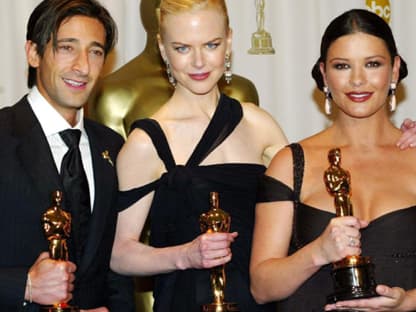 2003: Best Actor Adrien Brody ("The Pianist"), Best Actress Nicole Kidman  ("The Hours"), Best Supporting Actress Catherine Zeta-Jones ("Chicago")