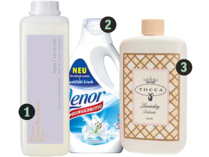 1. Aqua Universalis Waschmittelkonzentrat 
für dunkle Wäsche" von Maison Francis 
Kurkdjian Paris, 1 Liter ca. 35 Euro
2. Vollwaschmittel Sommerregen und 
Weiße Lilie" von Lenor, 1 Liter ca. 5 Euro
3. Laundry Delicate Stella" von Tocca, 