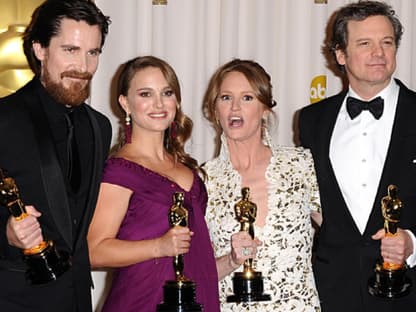 2011: Christian Bale (Bester Nebendarsteller "The Fighter"), Natalie Portman (Beste Hauptdarstellerin "Black Swan"), Melissa Leo (Beste Nebendarstellerin, "The Fighter") und Colin Firth (Bester Hauptdarsteller "The King's Speech)