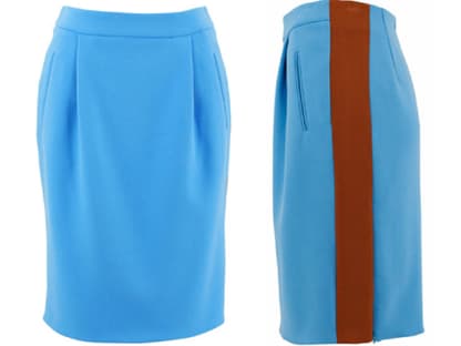 29. September 2012: Raffiniert! Der himmelblaue Pencilskirt von Baum und  Pferdgarten zieht mit dem kontrastierenden Seitenstreifen alle Blicke  auf sich, ca. 195 Euro