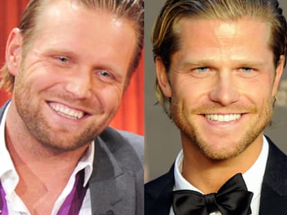 Links der Beachvolleyballer Julius Brink, rechts sein Doppelgänger: "Bachelor" Paul Janke