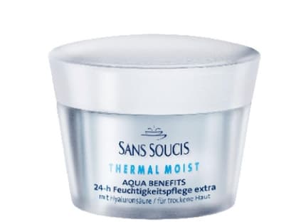 Hier trifft Thermalwasser auf Hyaluronsäure "Thermal Moist Aqua Benefits 24-h Feuchtigkeitspflege extra" von Sans Soucis, für trockene Haut, 50 ml ca. 18 Euro