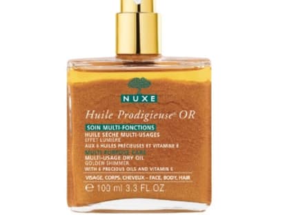 Schimmernde Bräune: Körperöl aus Macadamia-Nüssen "Multi-Usage Dry Oil Golden Shimmer" von Nuxe, 100 ml ca. 38 Euro