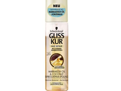 Diese Haarspülung repariert das Haar zielgenau und füllt Risse in der Struktur wieder auf. Außerdem duftet es herrlich exotisch. "Marrakesh Oil & Coconut Express-Repair-Spülung" von Gliss Kur, 200 ml ca. 3 Euro