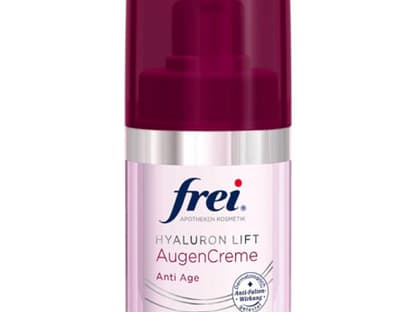 Diese Anti Age Serie arbeitet mit einem patentierten  Kollagenschutz und Hyaluronsäure in verschiedenen Molekulargrößen. Die  Augencreme ist besonders sanft und mindert Fältchen langfristig. "Anti  Age Hyaluron Lift AugenCreme" von Frei, 15 ml ca. 20 Euro, in Apotheken