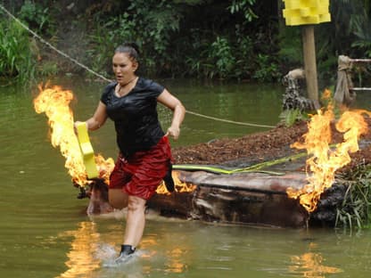 Die drei abgebrannten Stars dürfen bei dieser Feuertaufe einen heißen und nassen Parcours absolvieren: Zunächst schwimmen sie durch das Wasser zu einer Insel, holen einen Stern und müssen dann durch einen Feuerwand wieder ins Wasser springen. Anschließend müssen sie mit dem Stern an das Ufer schwimmen und eine glitschige Wand hochklettern. Oben angekommen den Stern aufspießen - fertig