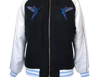 Edle Collegejacke mit Kolibri-Druck aus reiner Seide von Markus Lupfer, ca. 980 Euro