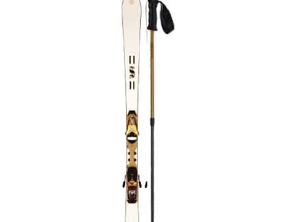 Für St. Moritz: Alpinski und Skistock mit Golddetails von Bogner, ca. 1%u2009950 und 195 Euro