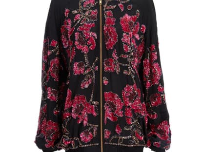 Bombig! Schwarzer Oversize-Blouson mit Strassblüten über asos.de, ca. 90 Euro