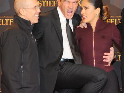 Animationschef Jeffrey Katzenberg, Schauspieler Antonio Banderas und Salma Hayek brachten Hollywood-Zauber nach Berlin