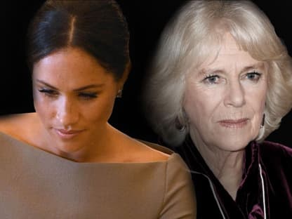 Montage: Herzogin Meghan blickt zu Boden - Queen Consort Camilla nachdenklich 