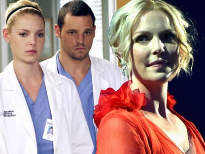 Katherine Heigl blickt zurück, im Hintergrund ist ein Ausschnitt aus "Grey's Anatomy" zu sehen