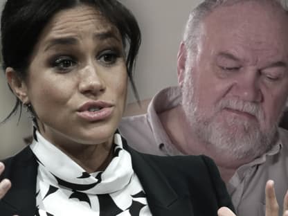 Herzogin Meghan in Rage - im Hintergrund Vater Thomas Markle, der zu Boden blickt