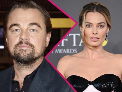 Leonardo DiCaprio und Margot Robbie gucken ernst 
