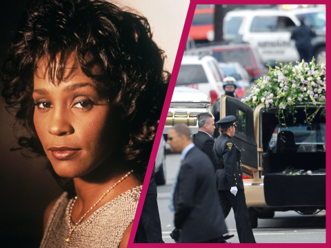 Whitney Houston ernst - ihr Sarg und der mit Blumen geschmückte Leichenwagen bei der Trauerfeier