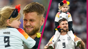 Niclas Füllkrug und seine Tochter Emilia beim EM-Vorrundenspiel Deutschland gegen Schottland 2024 in München
